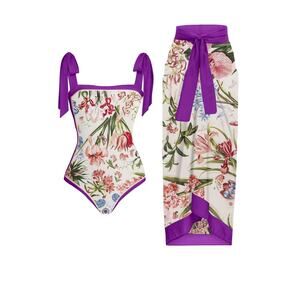 Floral One-Piece Swimsuit with Purple Accents